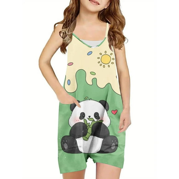 Odeerbi 5-13 Years Kids Girls Summer Jumpsuit Cute Print Camisole Romper Casual Breathable Comfortable Suspender Overalls Bib Overall Shorts with Pockets