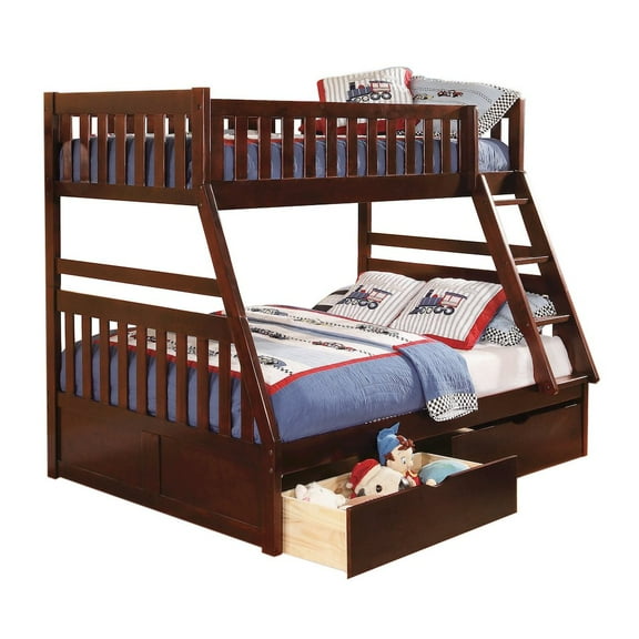 Lexicon Rowe Wood Twin over Full Bunk Bed with Storage Boxes in Dark Cherry