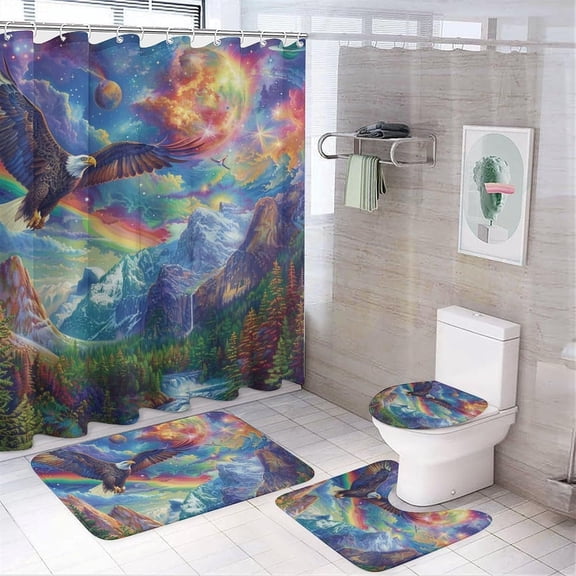 4Pcs Eagle Forest Shower Curtain Set with Rugs, Toilet Lid Cover and Bath Mat, Snow Mountain Bird Dream Space Star Tree Bathroom Curtains Decor Shower Curtains, 72" x 72"