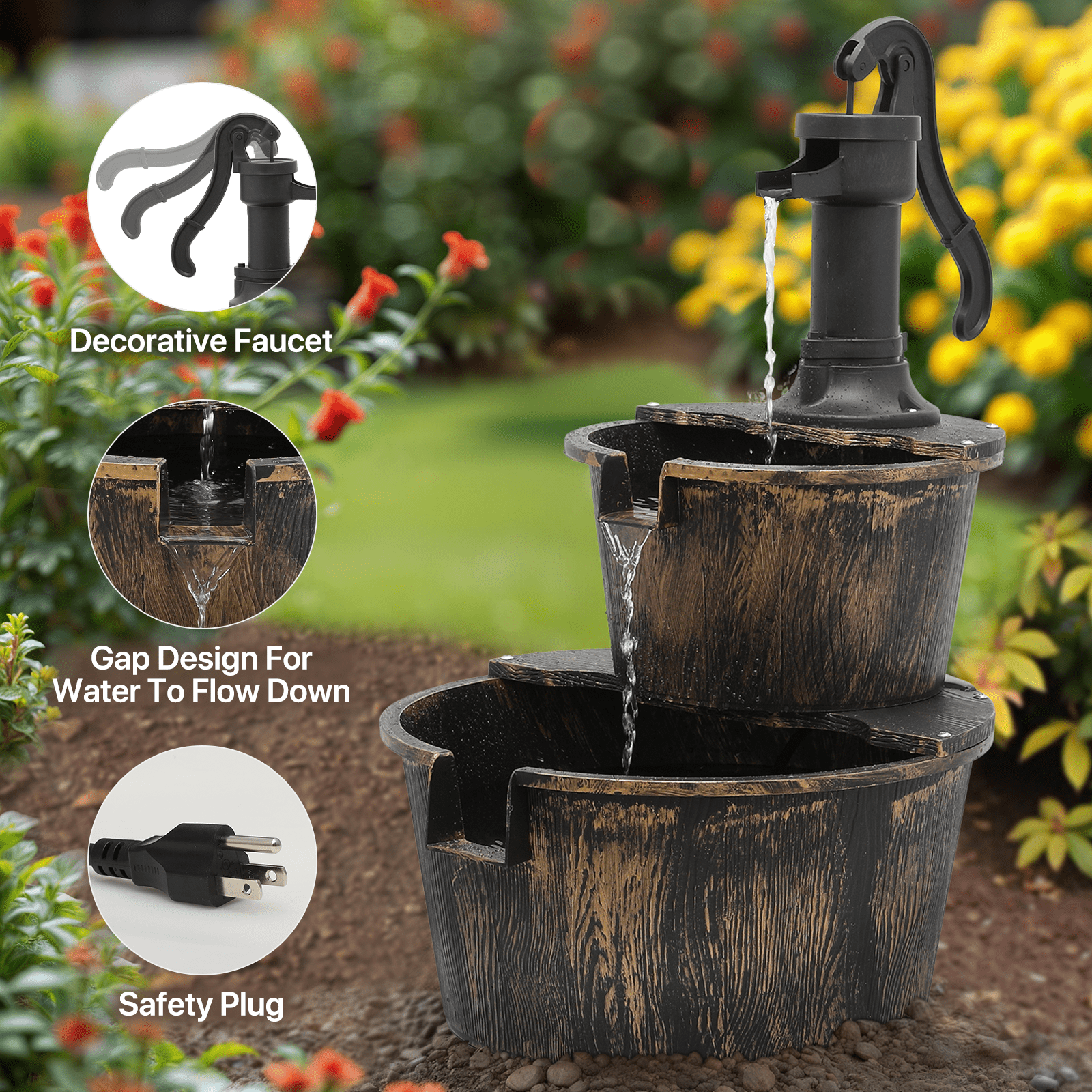 OSM Outdoor Water Fountain, 27" Tall 2-Tier Barrel Design with Waterfall and Electric Pump, Freestanding Water Feature for Garden, Patio, Backyard, Porch, 11 L Capacity, Bronze