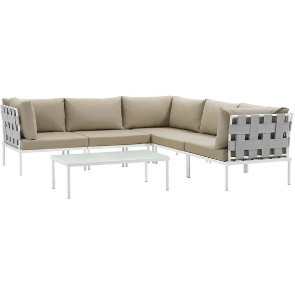 Modern Contemporary Urban Design Outdoor Patio Balcony Six PCS Sectional Sofa Set, Beige White, Rattan