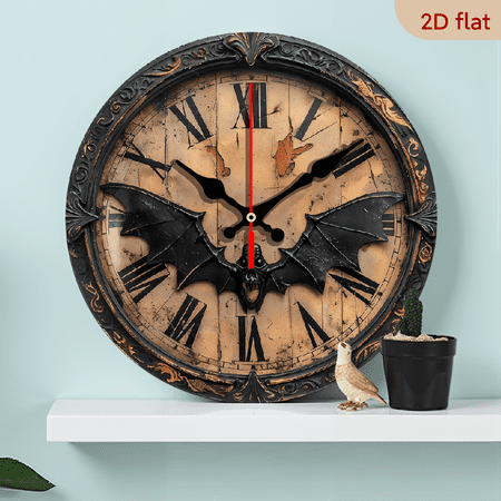 2D Flat 1pc 10Inch Gothic Vampire Bat Wooden Wall Clock, Silent Quartz Movement, Composite Wood Frame with Ornate Golden Accents Roman Numerals, Battery Operated (AA Not Included)