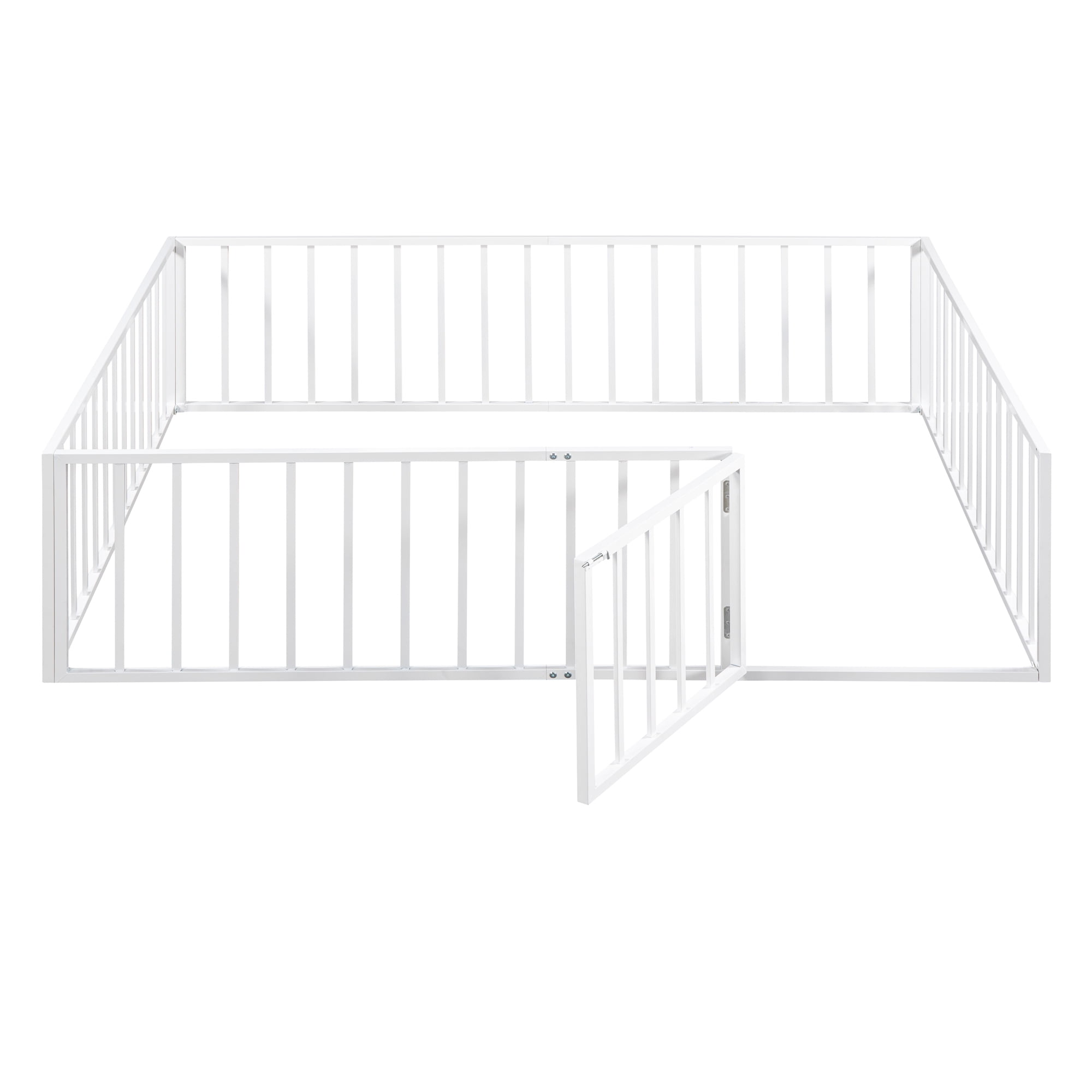 Gewnee Queen Size Toddler Bed, Metal Floor Bed Frame with Fence and Door,White