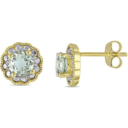 Tangelo 7/8 Carat T.G.W. Green Amethyst 10kt Yellow Gold Halo Floral Earrings