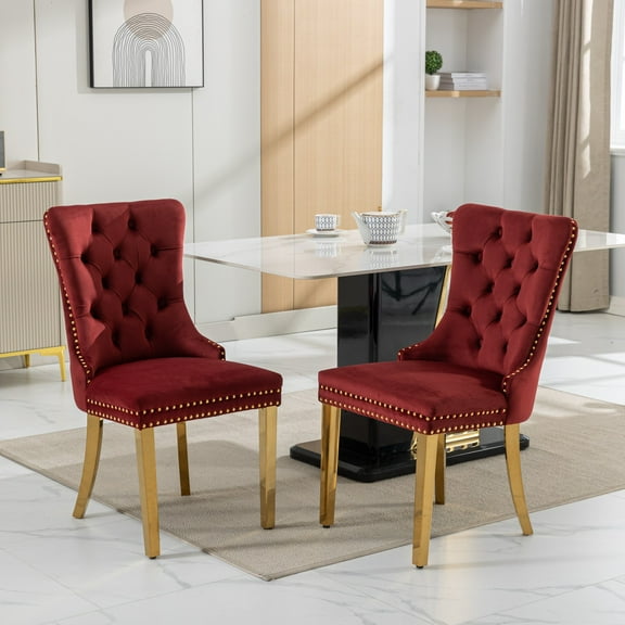 Nikki Velvet Dining Chairs (Set of 2) - Burgundy & Gold, Modern Tufted Wood, Stainless Steel Legs. American Design, for Dining Room. SW1601WR.
