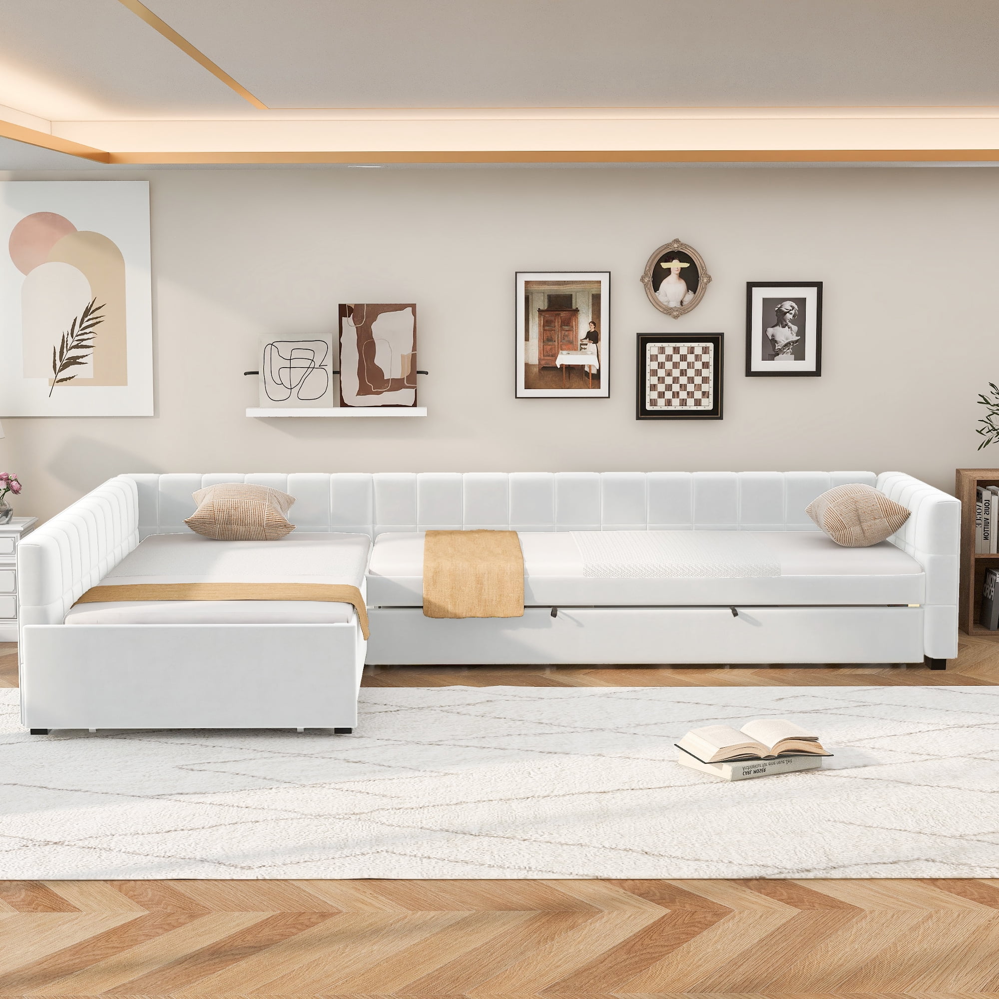 Euroco Upholstery L-Shaped Twin Platform Bed with Trundle and Drawer, 3 Beds in 1, No Spring Box Needed, Beige