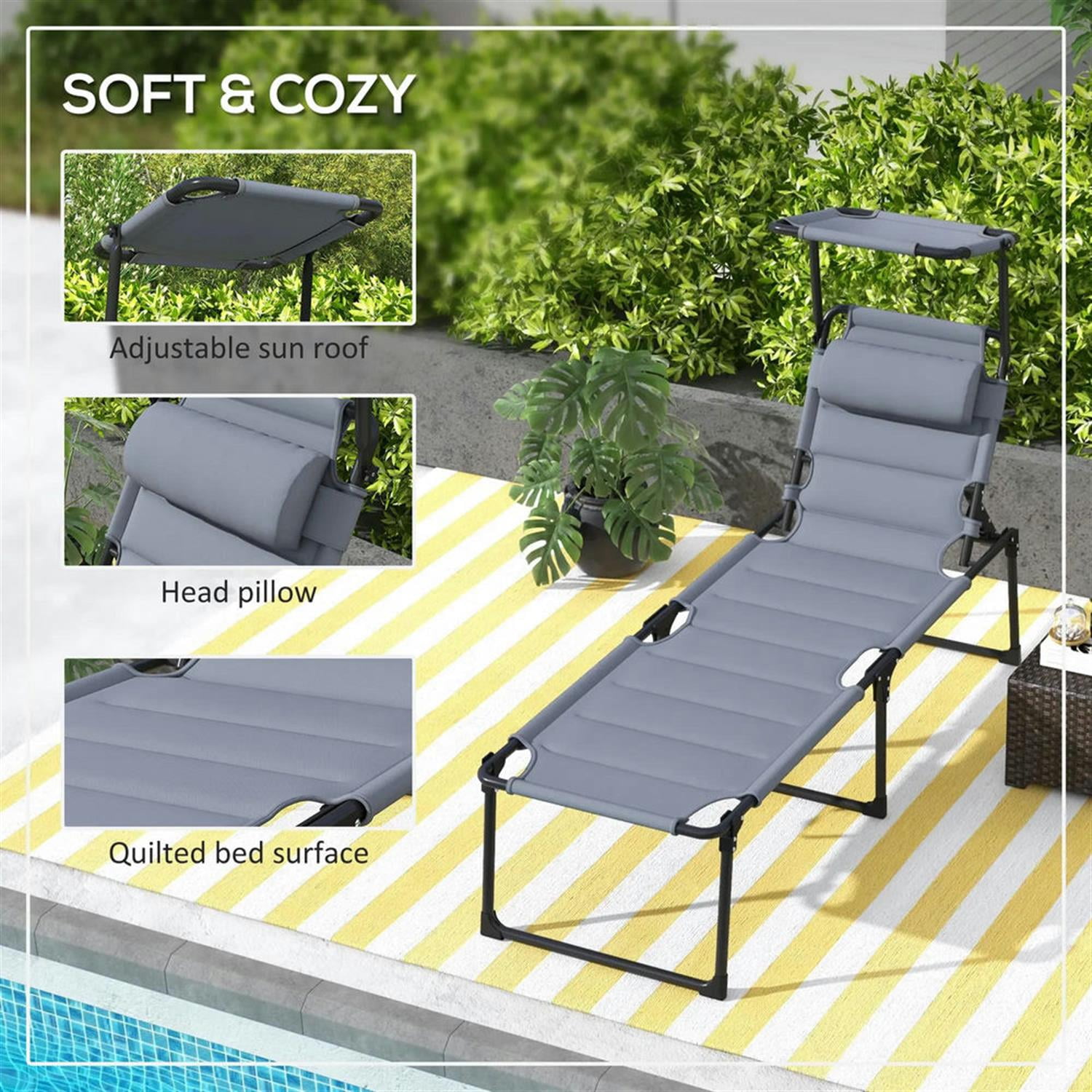 Demi Bonn 2-Piece Outdoor Folding Lounger Chair with 4-Position Backrest, Comfortable Cushions & Sun Canopy for Beach, Yard, Patio, Gray