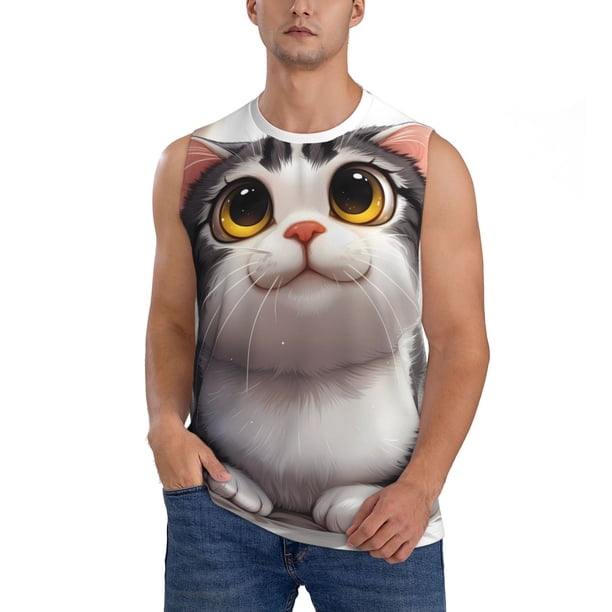 Balery Cute Cartoon Kitten Camisetas sin mangas para hombre, absorbe la humedad y protege contra el mal olor.-Small