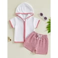 thumbnail image 4 of BemeyourBBs Toddler Terry Cloth Swim Cover Up Baby Boy Girl Swimsuit Trunks and Short Sleeve Coverup Towel Zipper Hoodies Top Seersucker Gingham Shorts Set Beach Bathing Suit Swimwear, 4 of 9