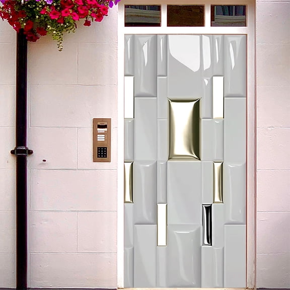 3D Door Sticker Wallpaper Murals Peel and Stick, White gold geometry Wall Sticker Decal for Bedroom Home Decor Waterproof, Removable Premium Vinyl Upgrade