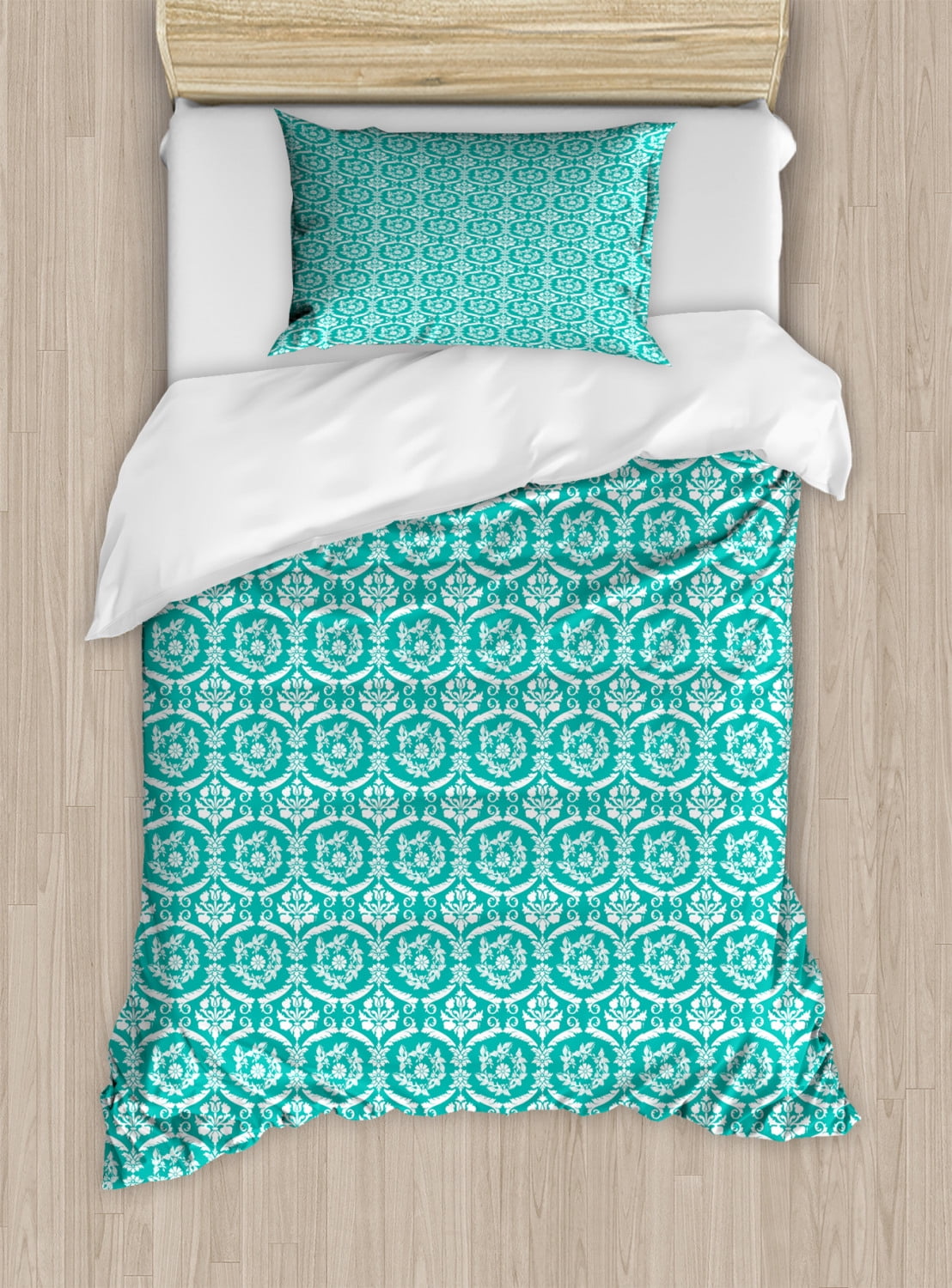White Damask Duvet Cover Set, Print of Continuing Flower ...