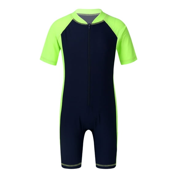Alvivi Unisex Kids One Piece Rash Guard Zippered Bodysuit Swimsuit 4-16 Navy Blue&Fluorescen 14