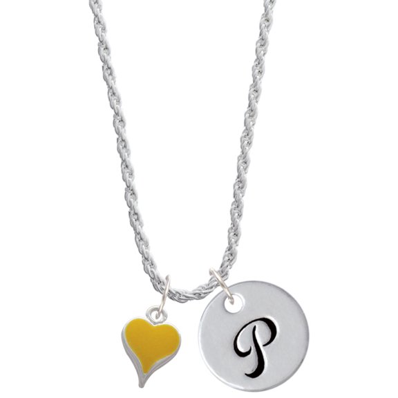 Delight Jewelry Silvertone Small Long Yellow Heart Silvertone Script Initial Disc - P - Charm Necklace, 20"+3"