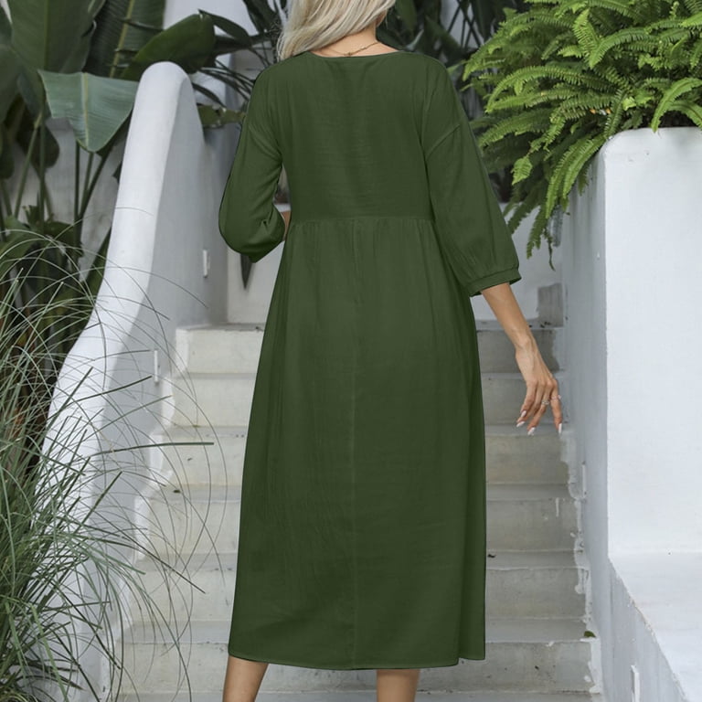 fall dresses for women deals Deal for Days Holiday Decor Ofreoo Women's Fashion Mid-sleeve Round Neck  Solid Color And Linen Pockets Dresses Fall Dresses for Women 2024