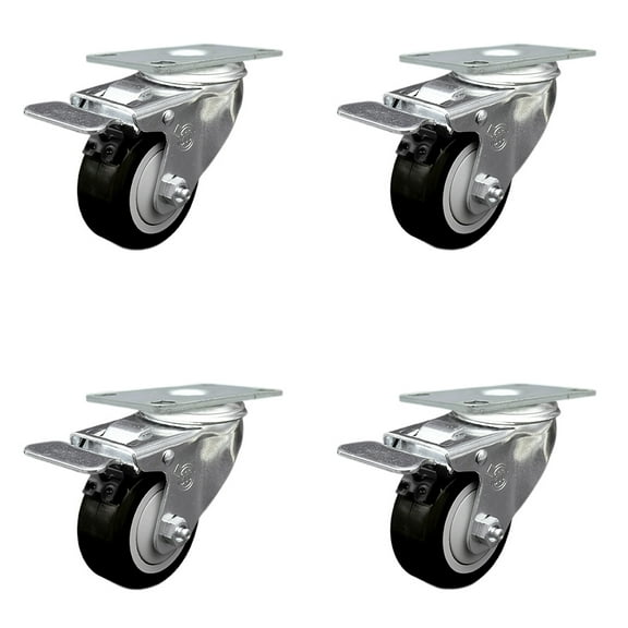 3 Inch Black Polyurethane Swivel Top Plate Caster Set with Total Lock Brake SCC