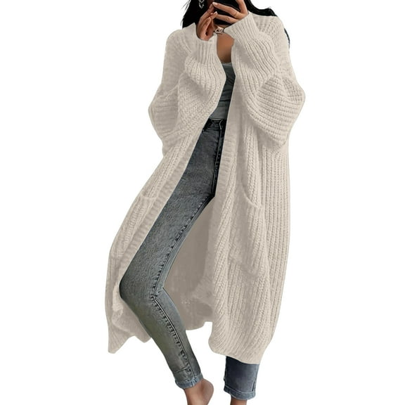 WTOBBY Women's Solid Color Long Sleeve Knitted Cardigan, Knee Length Lazy Trend Jacket, Medium Long Hair Style,Beige L