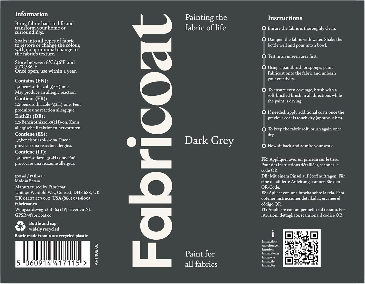Fabricoat - Fabric Paint for Furniture - 17oz / 500ml Dark Grey - Restore or Change the Color of Couches, Chairs, Upholstery, Soft Furnishings, Car Interiors, Clothing, & Footwear