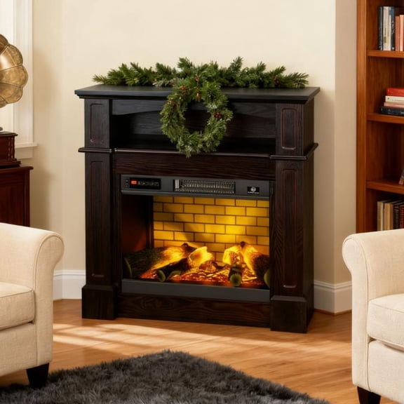 S-HOME Freestanding Electric Fireplace Heater with Mantel, 1400W, Realistic LED Flame, Remote, Brown