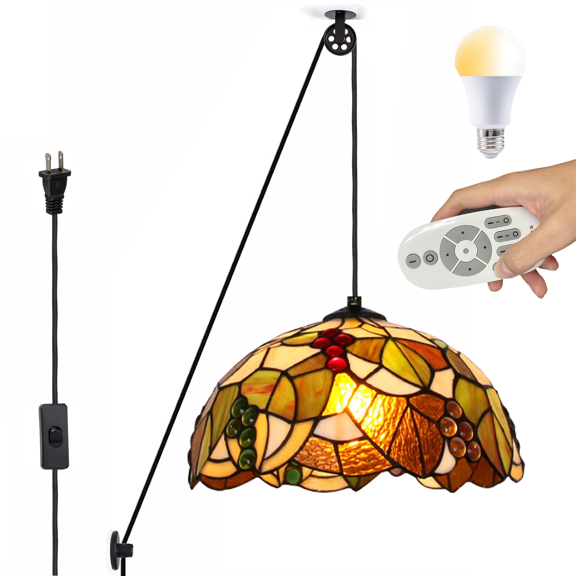 Kiven Plug in Iron Pendant Light, Tiffany Pulley Hanging Light with