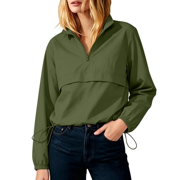 FDGIU Women's Quarter Zip Windbreaker Pullover Jacket, Long Sleeve Stand Collar Casual Top, Loose Fit Lightweight Outerwear for Fall Spring
