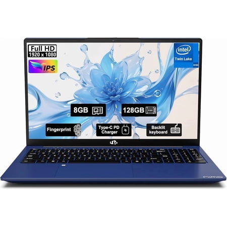 15.6" FHD IPS Student Laptop Computer 8GB RAM 128GB SSD,4 Cores 13th Gen Intel N150(Up to 3.6GHz),65W Type C,Fingerprint,Numpad,Backlit Keyboard, WiFi 6,Blue