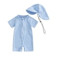 thumbnail image 2 of WIBACKER 0-3T Toddler Baby Boys Seersucker Short Sleeve One Piece Rash Guard Swimsuit Zipper Bathing Suit Swimwear with Hat, 2 of 10