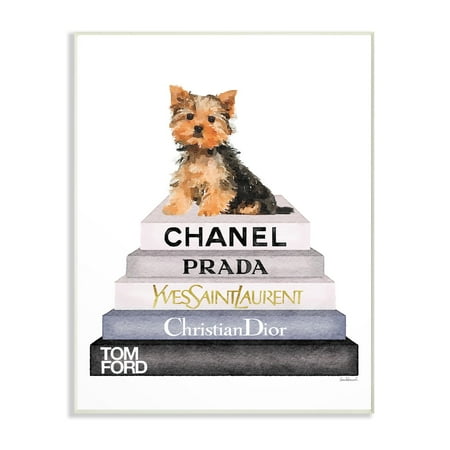 Dog Puppy Wall Plaque The Stupell Home Decor Collection Book Stack Yorkie Dog Glam Fashion Watercolor Wall Plaque Art, 10 x 0.5 x 15 ()