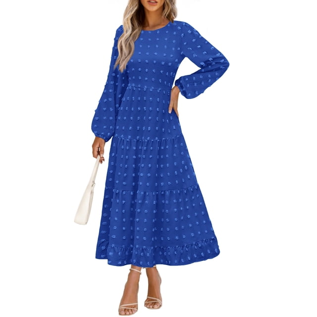 Vestido largo PRETTYGARDEN elegante para mujer, azul con puntos suizos, XXL