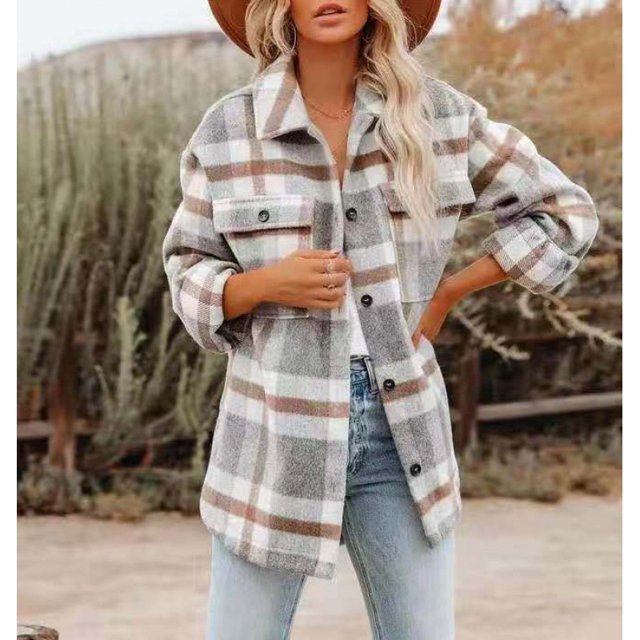 Chaqueta de cuadros con botones para mujer, informal, de manga larga, con cuello de solapa, blusa de gran tamaño, color blanco y gris, talla L