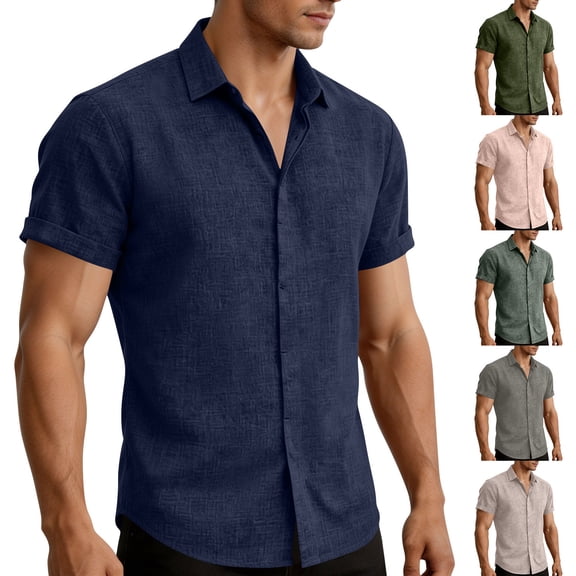Paiwinds Men's Linen Short Sleeve Shirt Casual Button Down Collar Shirt Solid Color Lightweight Summer Beach Shirts for Men