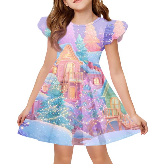 Grblisyd Christmas Dresses for Kids Girls Casual School Outfits Fashion Graphic Flutter Sleeve A-Line Dress