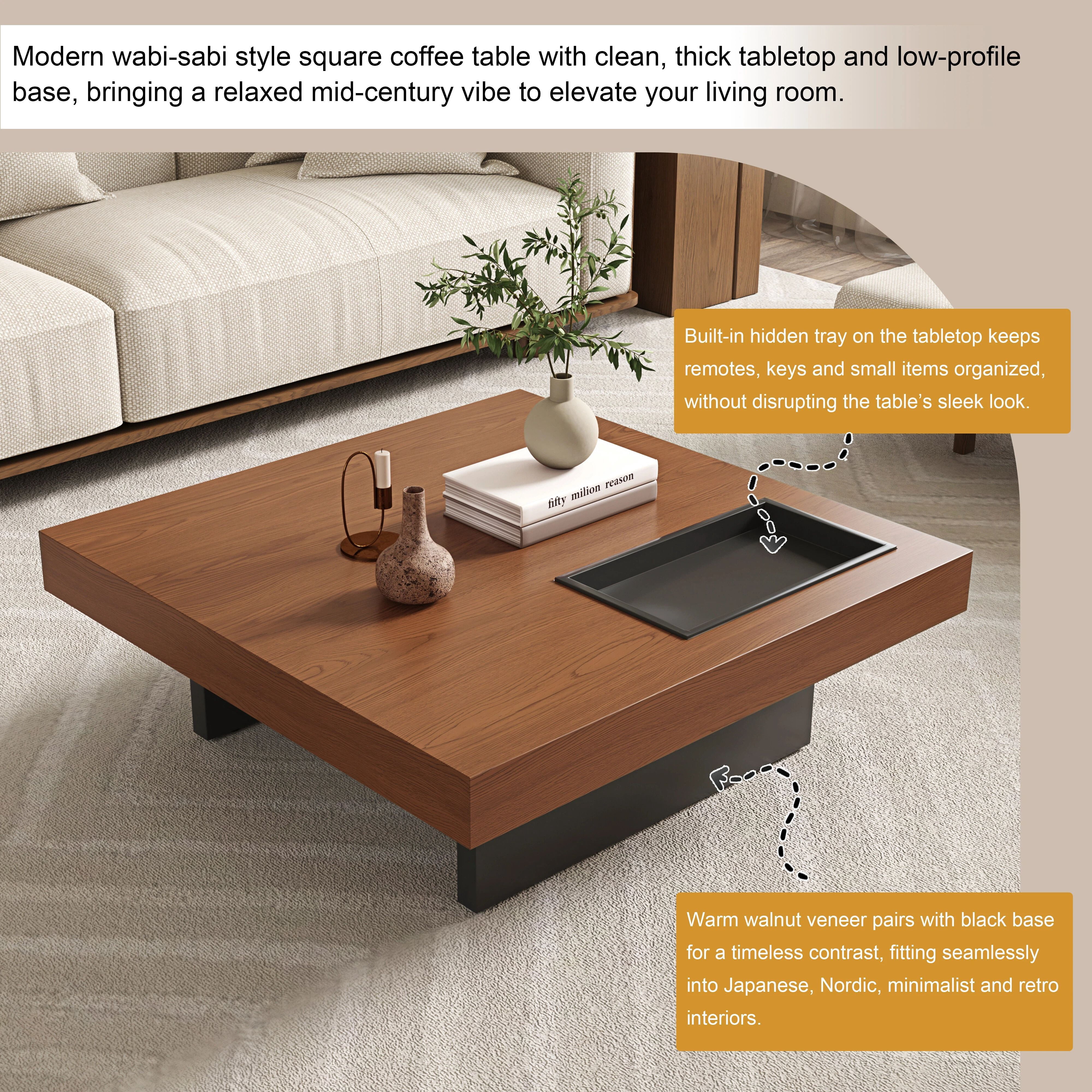Euroco 35.43" Square Coffee Table with Storage, Mid-Century Modern Wooden Cocktail Table with Recessed Storage Tray for Living Room,Walnut