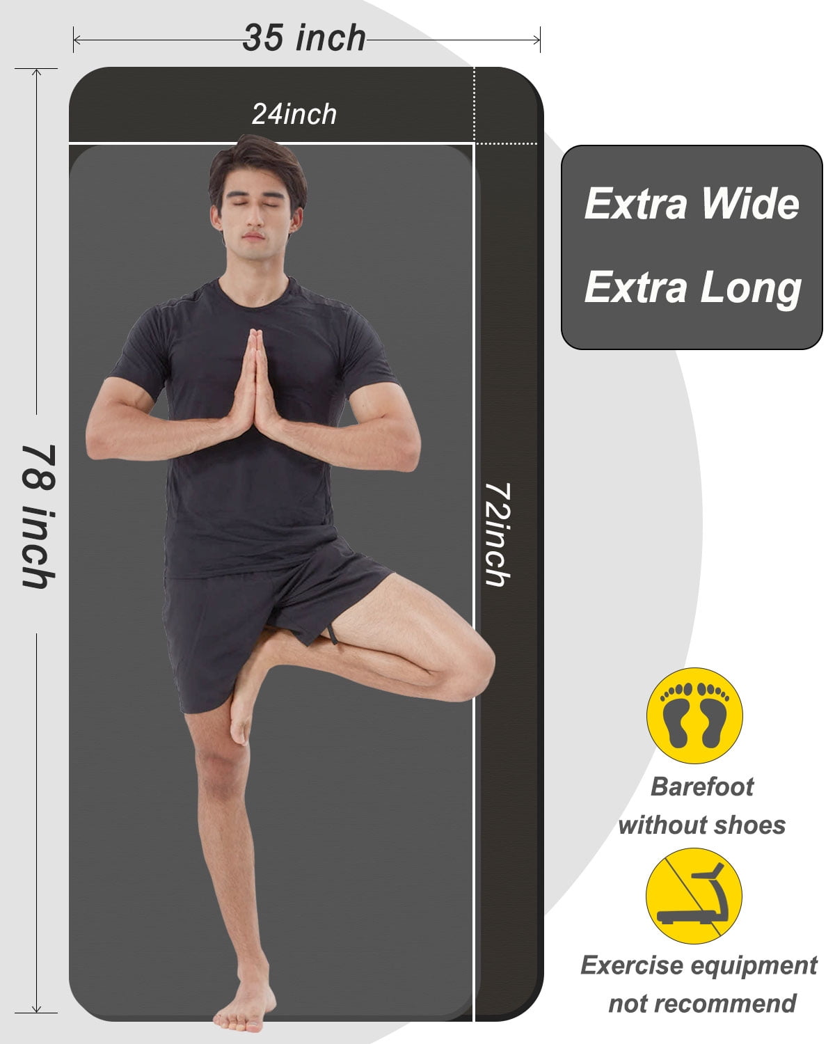 YR Thick Yoga Mat 15mm NBR 78"x35" Wide Exercise Workout Mats for Home Gym Floor Fitness Pad, Black
