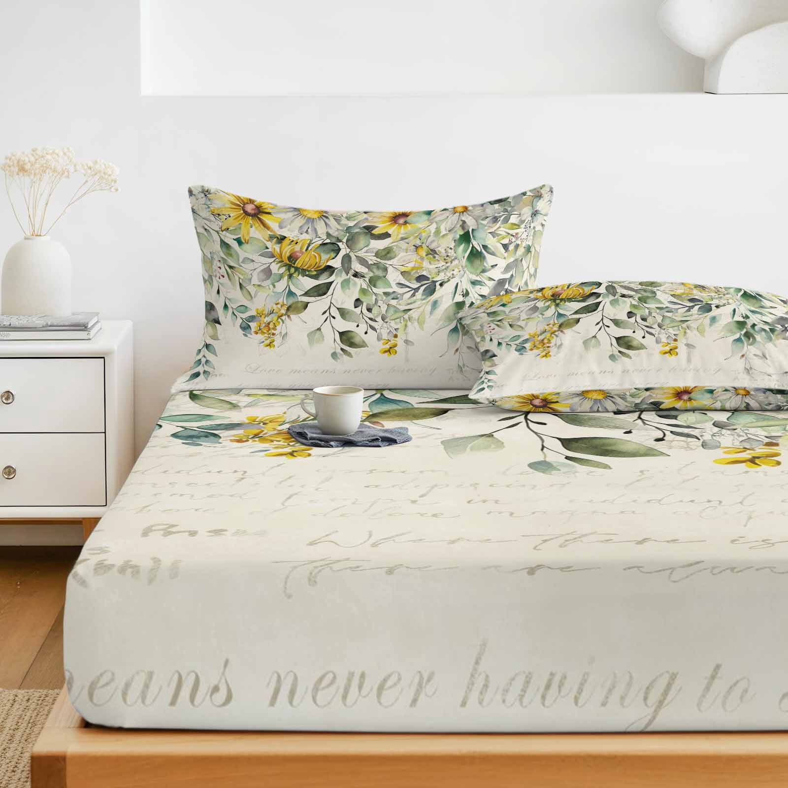 Queen Size Fitted Sheet Set - Green Eucalyptus Leaves 3 Piece Bedding Sets 16" Deep Pocket Fitted Sheet with 2 Pillowcases, Retro Rustic Botanical Floral Brushed Microfiber Hotel Luxury Bed Sheets