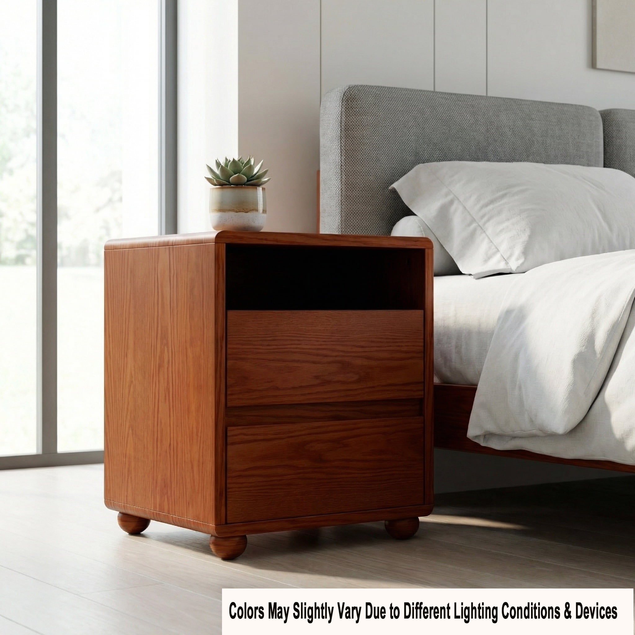 20"Modern Nightstand with 2 Drawers And Shelves Solid Wood Night Stand with Charger Station Mid Century Bedside Table Curved Wood Side Table