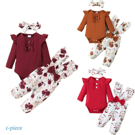 Emy Dola Newborn Infant 3pcs Outfits Baby Girls Long Sleeve Ruffle Romper Tops  Flower Suspender Pants  Headband Chothes Set