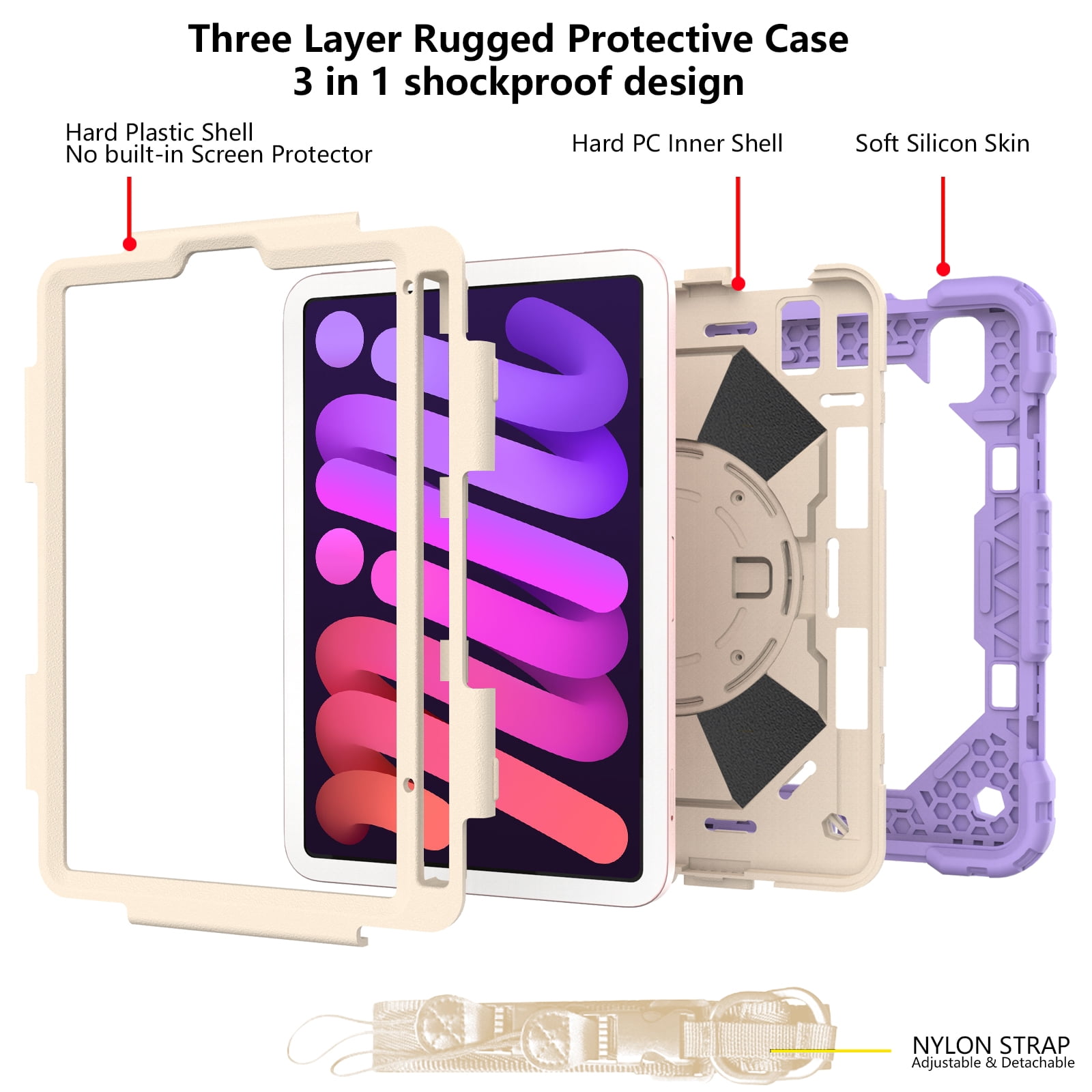 Case for iPad Mini 6 2021 8.3-inch, Kids Shockproof Rugged Hybrid 360 Rotating Stand Cover with Hand Shoulder Strap/Pencil Holder