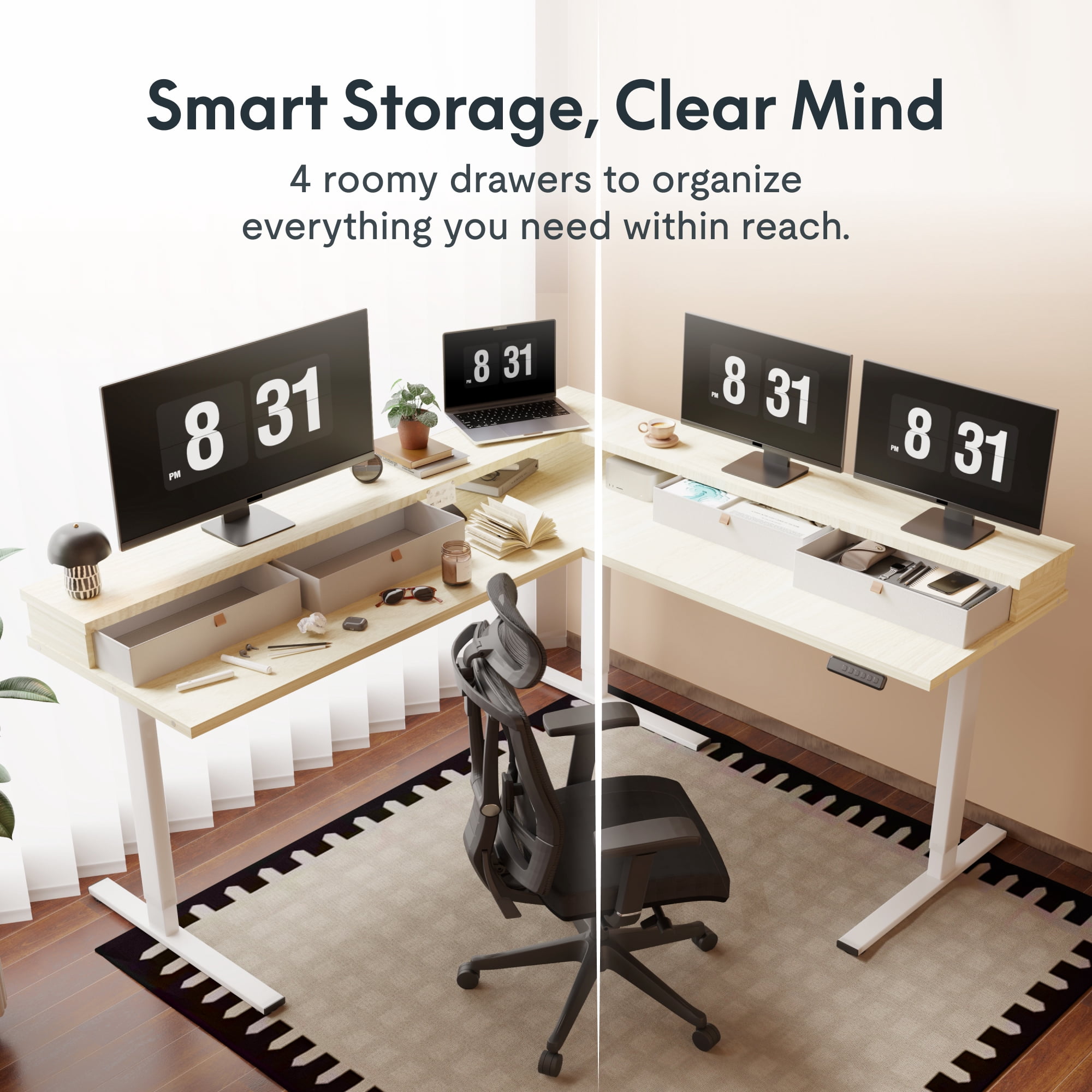 FitStand 63'' L Shaped Electric Standing Desk, Height Adjustable Electric Corner Standing Desk with Shelf and Drawers, Wood Grain