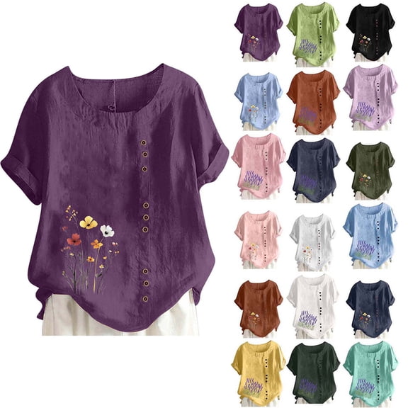 DYTTDG Women's Floral Print Linen Blend Top, Casual Summer T-Shirt With Crew Neck Short Sleeve Button