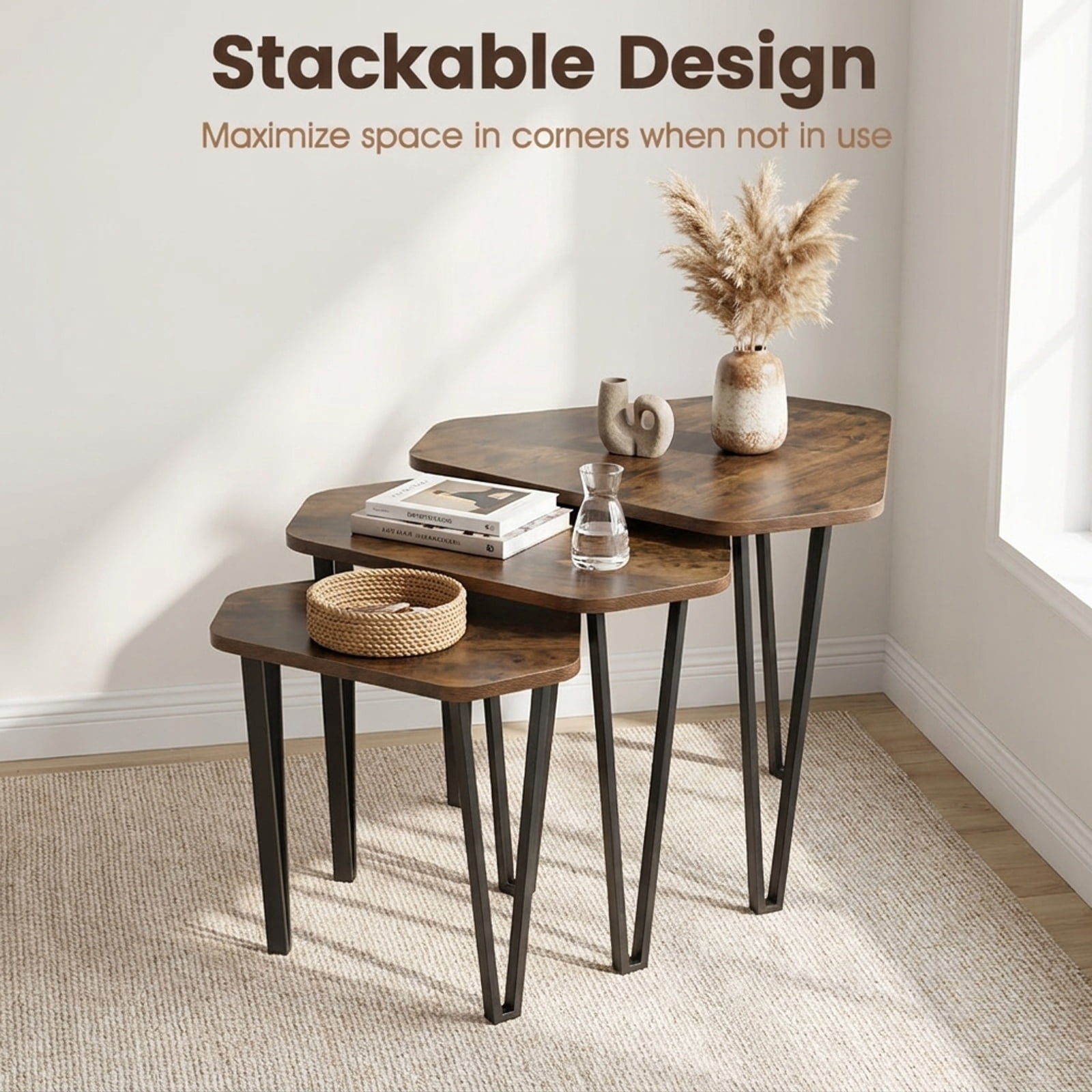 Furnibear Set of 3 Nesting Coffee Tables with Engineered Wood Top and Metal Frame for Living Room Bedroom and Guest Room, Rustic Brown