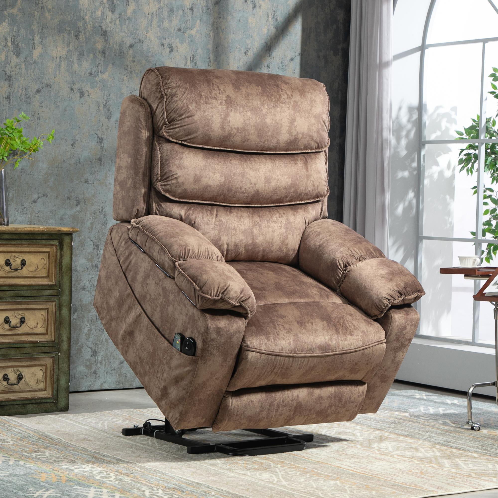 Oversized Recliner Chair 27-inch Wide Seat with Extended Footrest - Power Lift Recliner for Elderly with Heat Massage - Flip Arm Storage Cup Holders 350 lbs