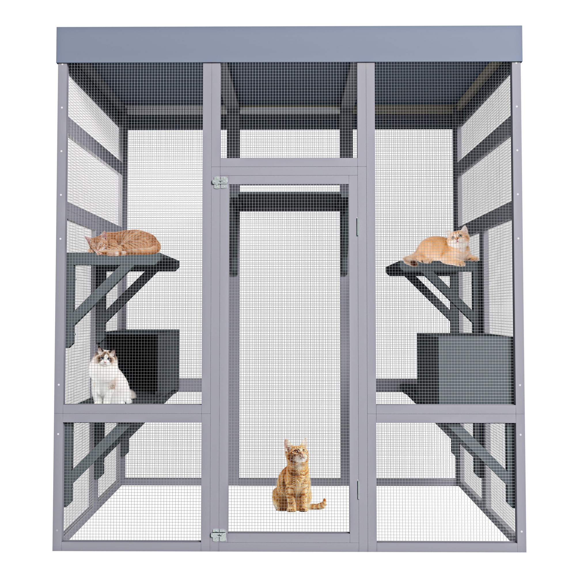 Kosynda Large Catio Outdoor Cat Enclosure with Weatherproof Roof, Wooden Cat House Kitty Cage with 7 Platforms and 2 Napping Houses for Multiple Cats, Gray