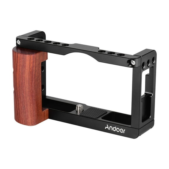Andoer Aluminum Alloy Camera Cage Protective Vlog Cage with Wood Handle Cold Shoe Slot for Microphone Fill Light Magic Arm Compatible with Canon G7X Mark III Camera