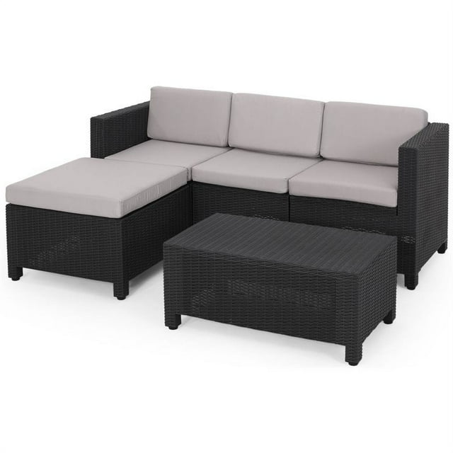 Waverly Outdoor Wicker Print 3 Seater Sectional Set & Ottoman Dark Gray/Gray