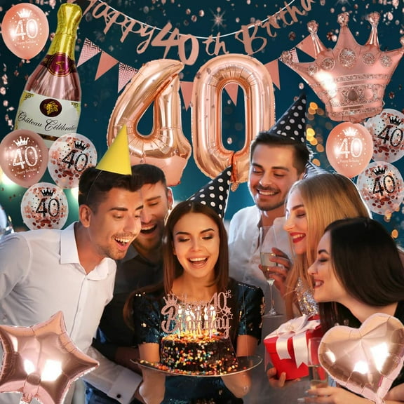 AYUQI 40th Birthday Decorations for Women, Rose Gold Happy Birthday Party Supplies with Birthday Bunting Banner, Rose Gold Confetti Latex Balloons, Number 40 Crown Wine Bottle Foil Balloons