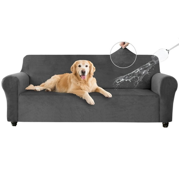 SANMADROLA Sofa Covers 100% Waterproof Slipcover Velvet Stretch Couch Cover for 3 Cushion Sofa Non Slip Leakproof Washable Furniture Protector for Kids Dogs Cats Pets, Gray, Sofa