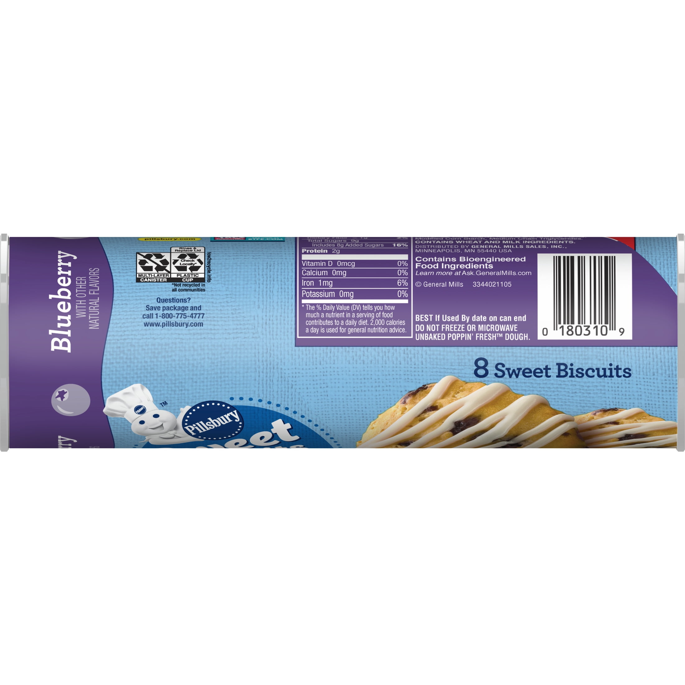 Pillsbury Blueberry Sweet Refrigerated Biscuits with Icing, 8 Ct, 12.4 oz