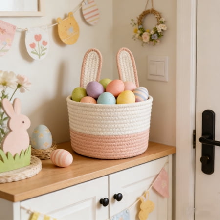 Homekingdee Easter Bunny Woven Storage Basket – White Polyester Easter Gift Basket with Handles for Home Organization and Holiday Decor Homekingdee Easter Bunny Woven Storage Basket – White Polyester Easter Gift Basket with Handles for Home Organization and Holiday Decor