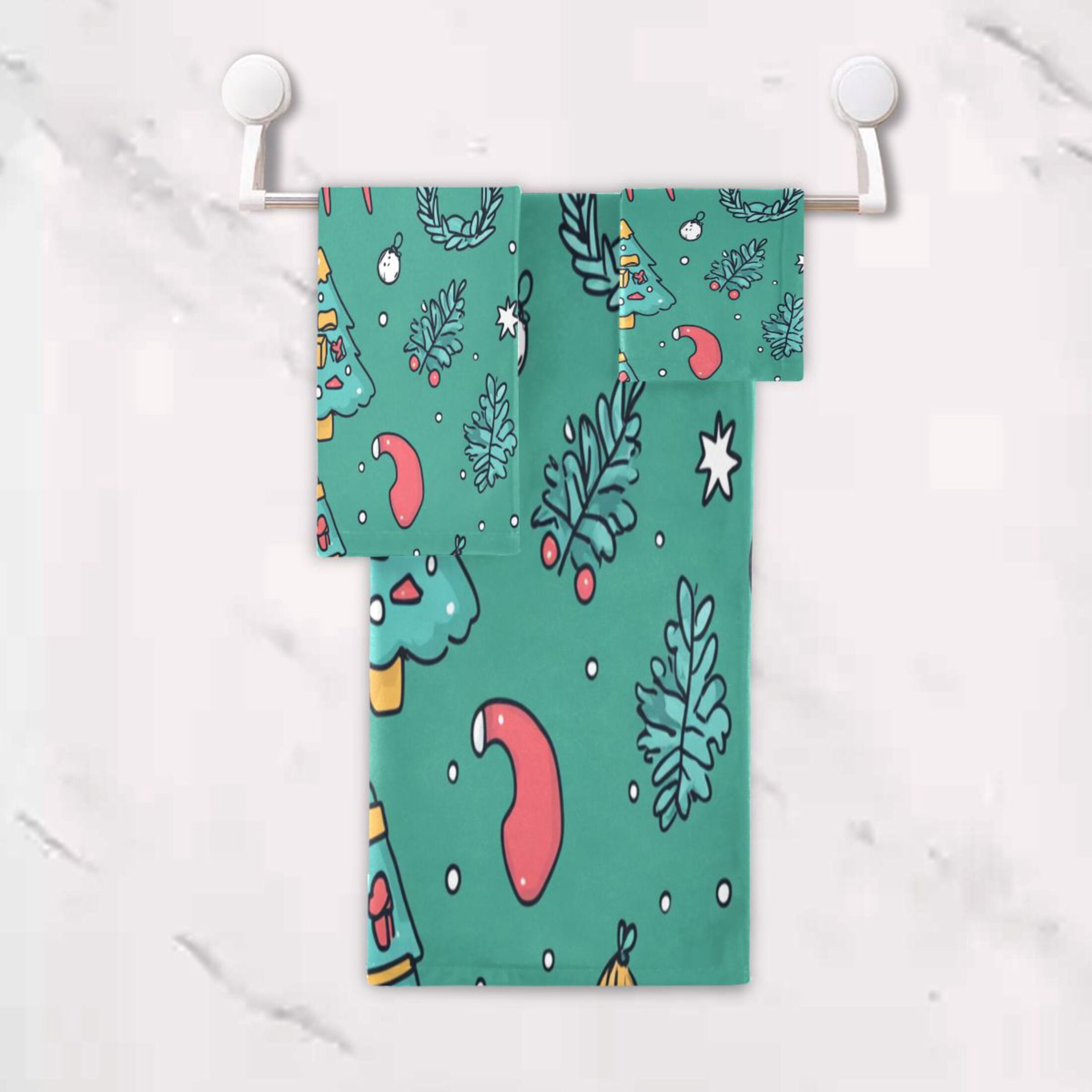 WOBOGO Cartoon Christmas Patterns with Simple Lines Ultra Soft 3 Pack Cotton Towel Set Includes 60 x 30in Bath Towel 28 x 16in Face Towel and 13 x 13in Small Square Towel for Everyday Use Lightweight