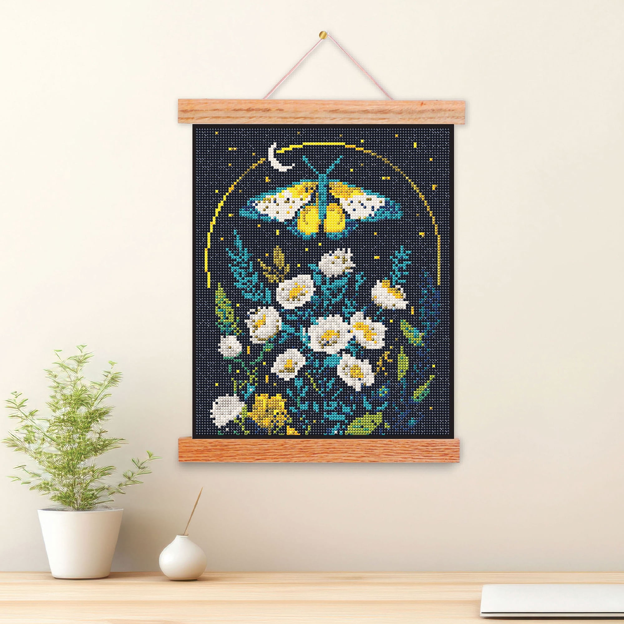 Brea Reese: Hanging Gem Art Kit - Midnight Botanicals - Peel & Stick, Create A Butterfly Flower Scene, 11x14" Rolled Canvas, Wall Frame, Adult Craft